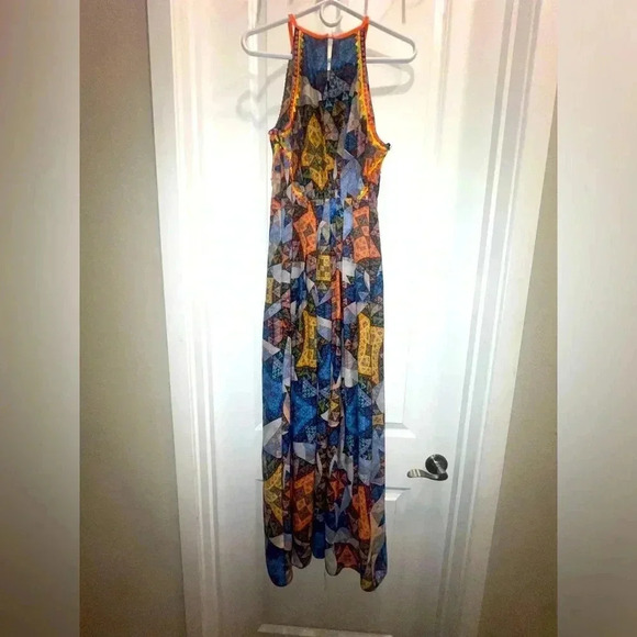 Rana Gill Multicolor Geometric Halter Top Empire Waist Maxi Dress Anthropologie - Picture 2 of 4